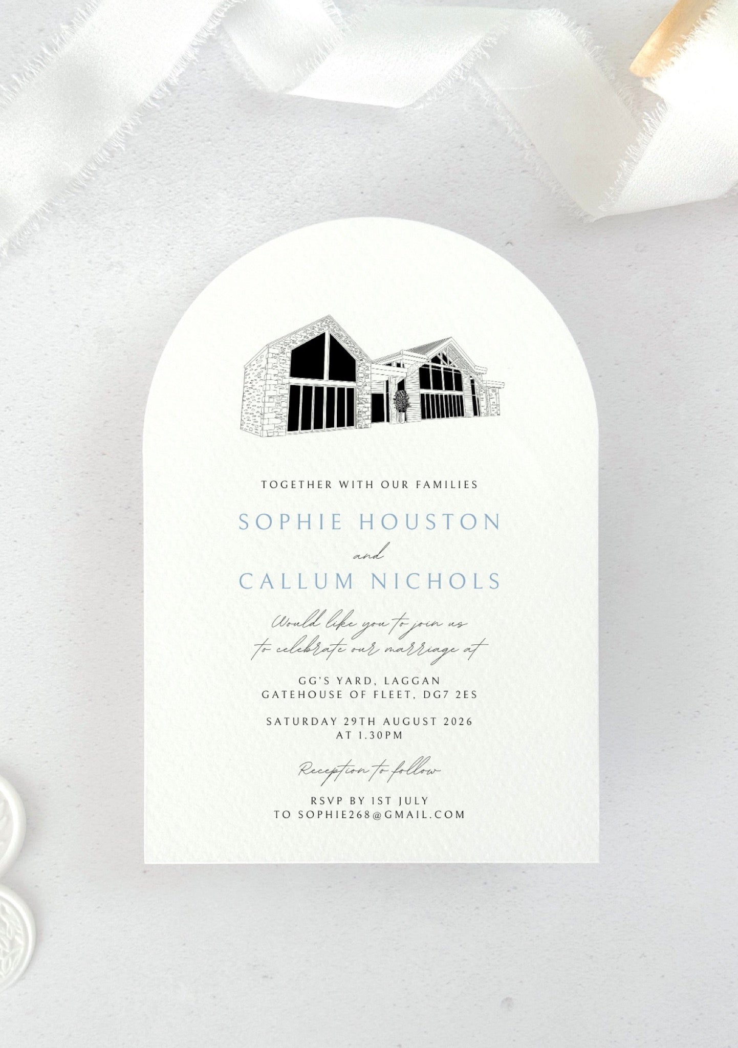 Venue illustration arched wedding invite of GG's Yard, Laggan, Dumfries & Galloway 
