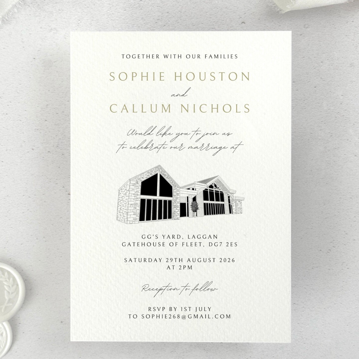 wedding invite with venue illustration of GG's Yard, Laggan, Dumfries & Galloway