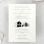 wedding invite with venue illustration of GG's Yard, Laggan, Dumfries & Galloway