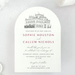 Arch shaped wedding invite with venue illustration of Kinmount House, Annan, Dumfries & Galloway, in burgundy