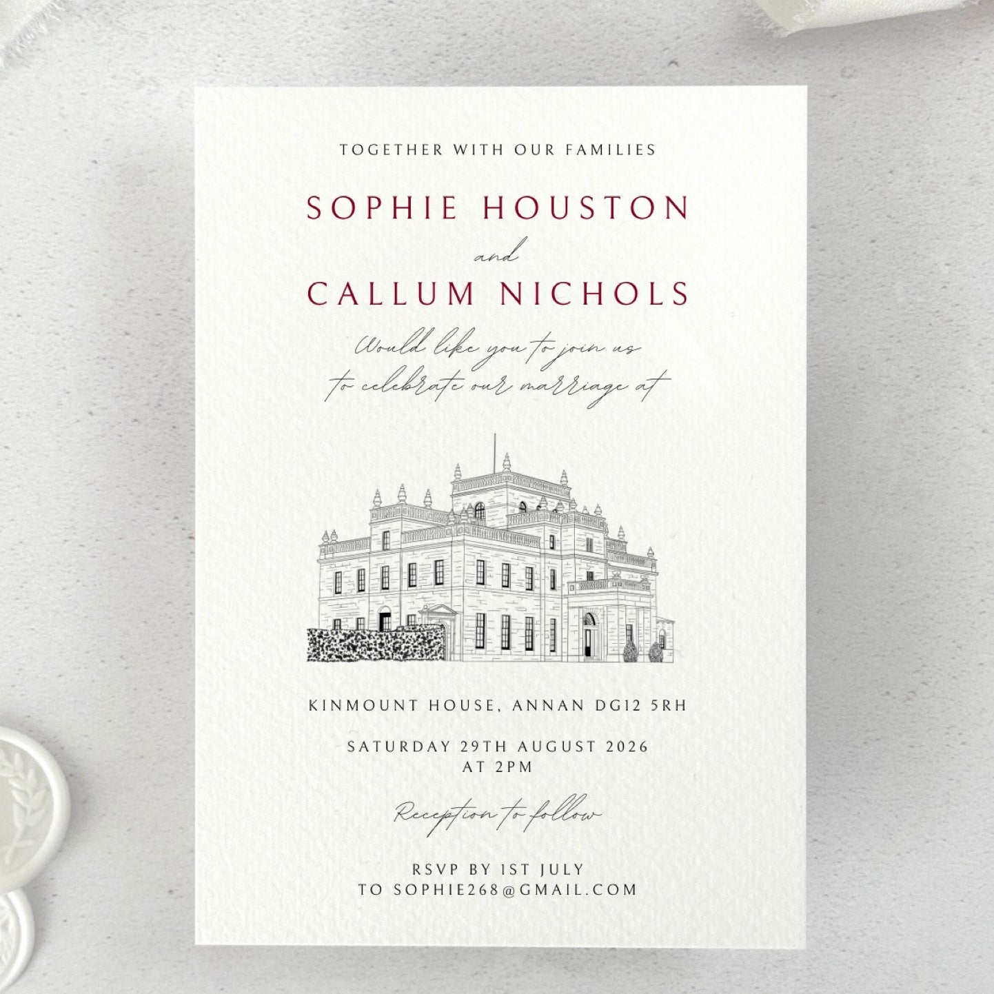 postcard wedding invite with venue illustration of Kinmount House, Annan, Dumfries & Galloway