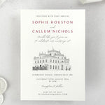 postcard wedding invite with venue illustration of Kinmount House, Annan, Dumfries & Galloway