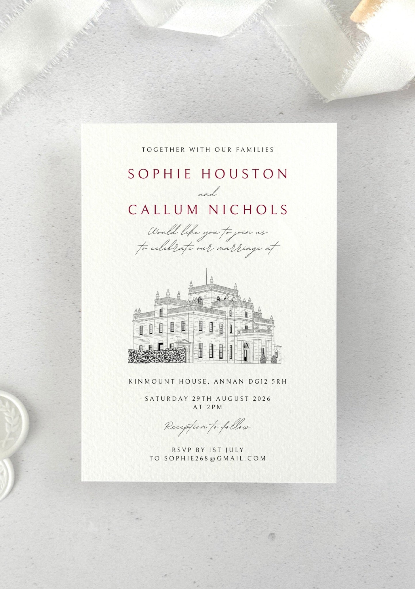 postcard wedding invite with venue illustration of Kinmount House, Annan, Dumfries & Galloway