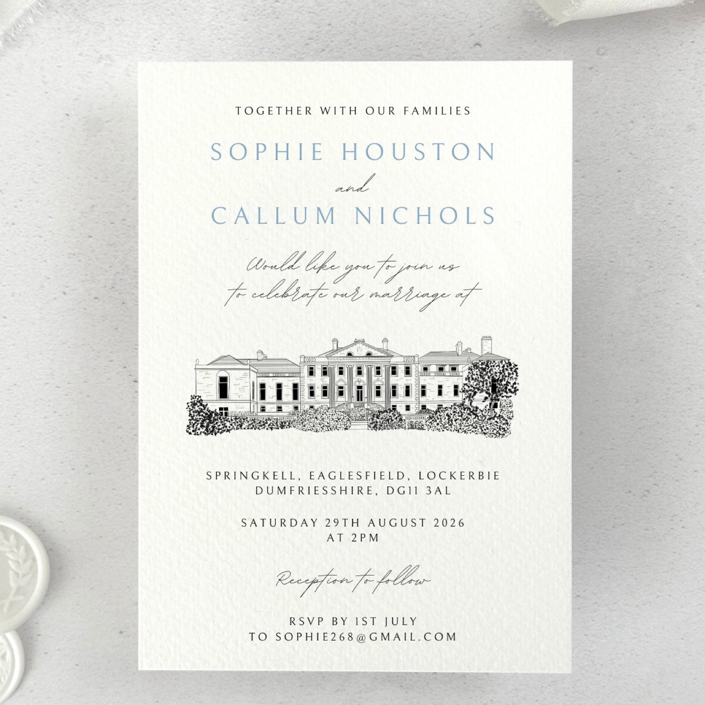 Venue illustration of Springkell, Lockerbie, Dumfries & Galloway, wedding invite