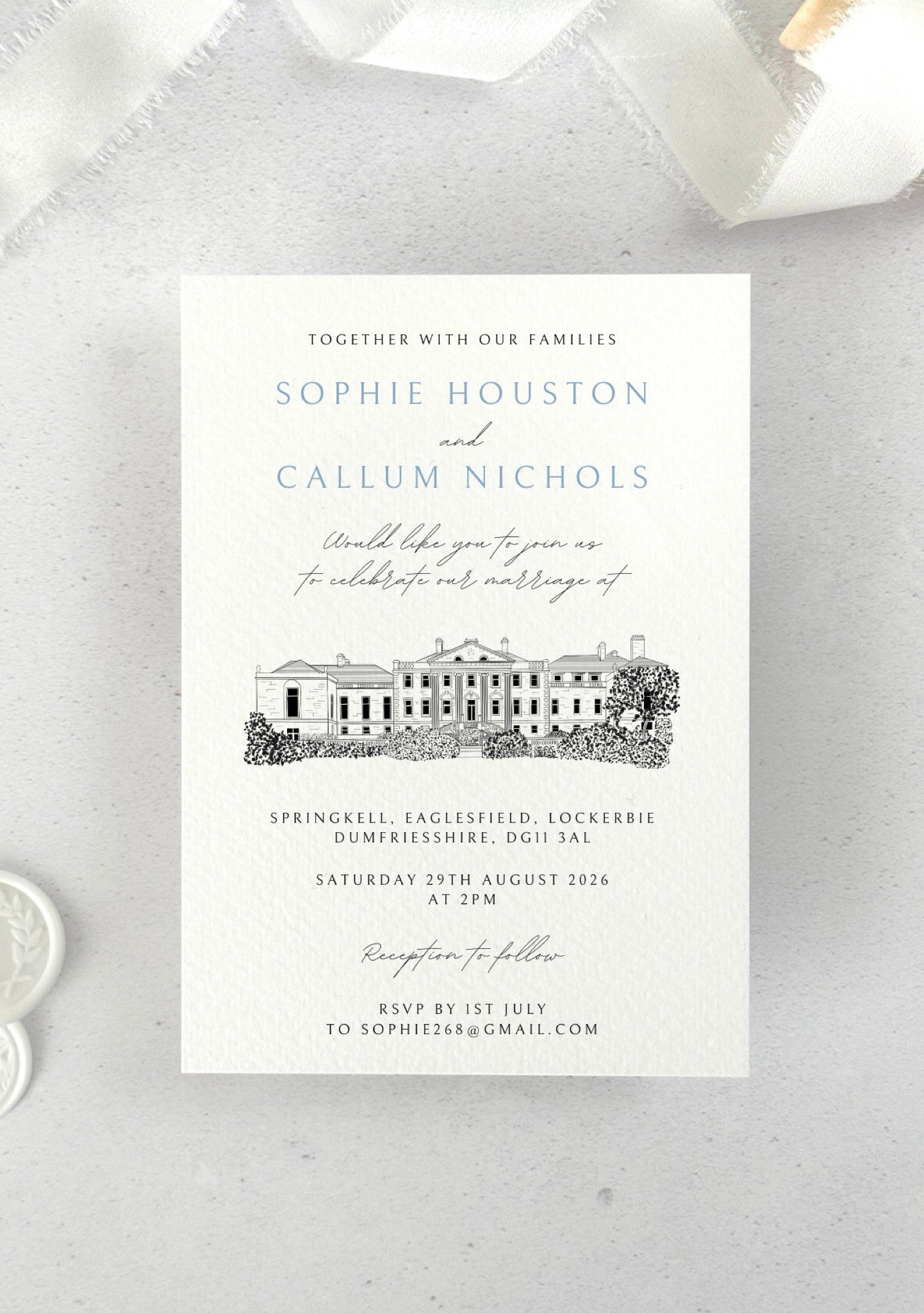 Venue illustration of Springkell, Lockerbie, Dumfries & Galloway, wedding invite