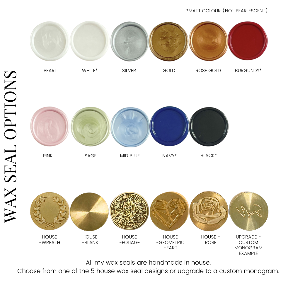 Wax seal colours and designs for wedding stationery