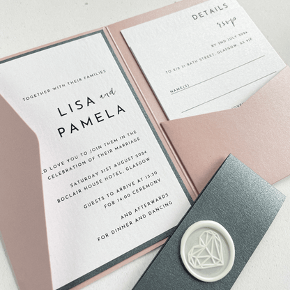 dusty pink and grey pocket and belly band invite