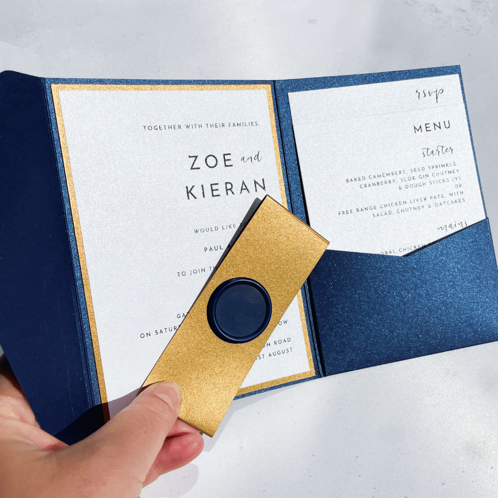 navy and gold wax seal modern wedding invite