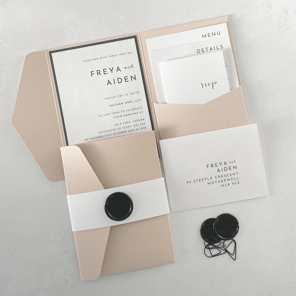 Zoe nude and black wax seal minimalist pocket fold wedding invite