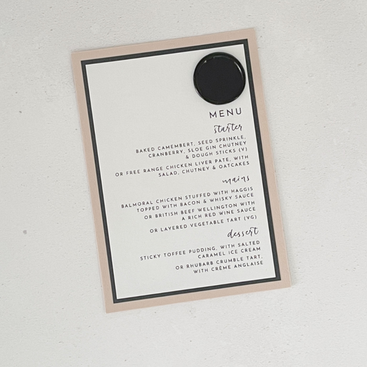 Zoe postcard modern minimalist menu in nude and black wax seal 