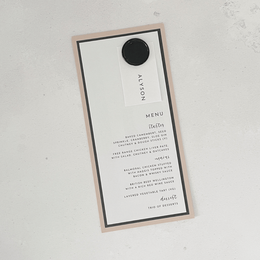 modern black wax seal nude menu place card