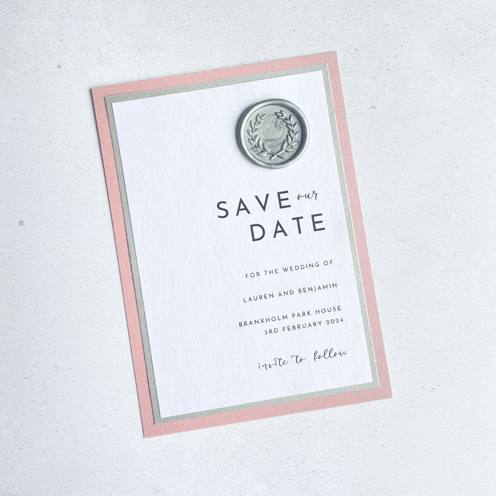 minimalist save the date card silver and pink