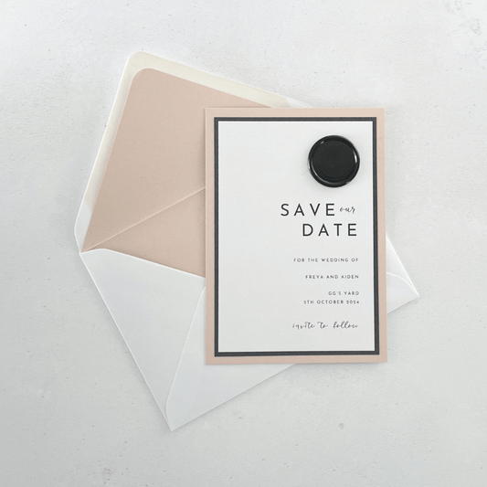 Modern Save the date card black wax seal 