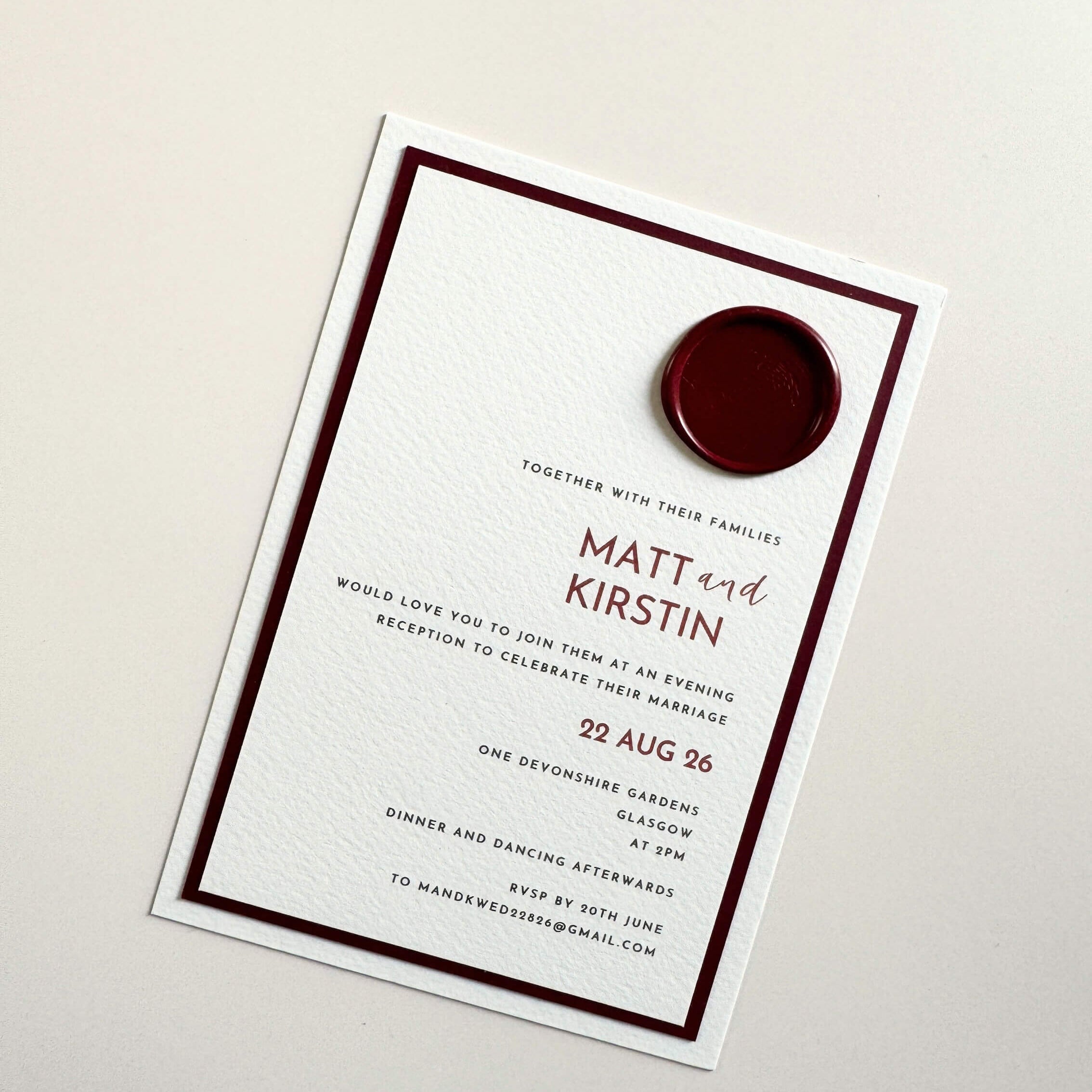 Zoe Wedding evening invitation card with a red wax seal