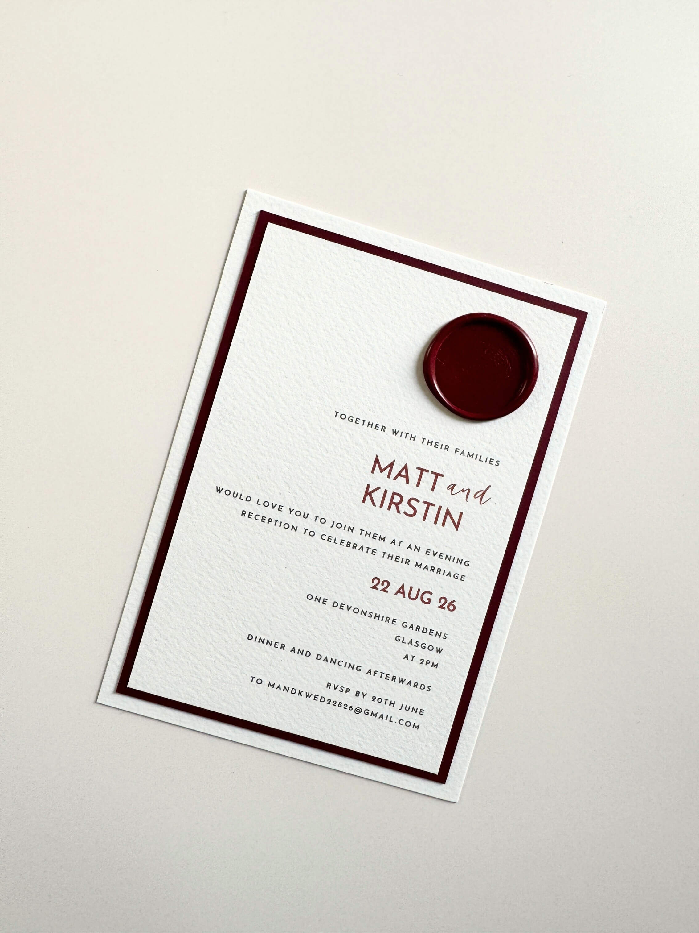 Zoe Wedding evening invitation card with a red wax seal