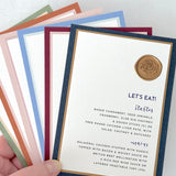 Zoe postcard modern minimalist menu in navy and gold with wax seal