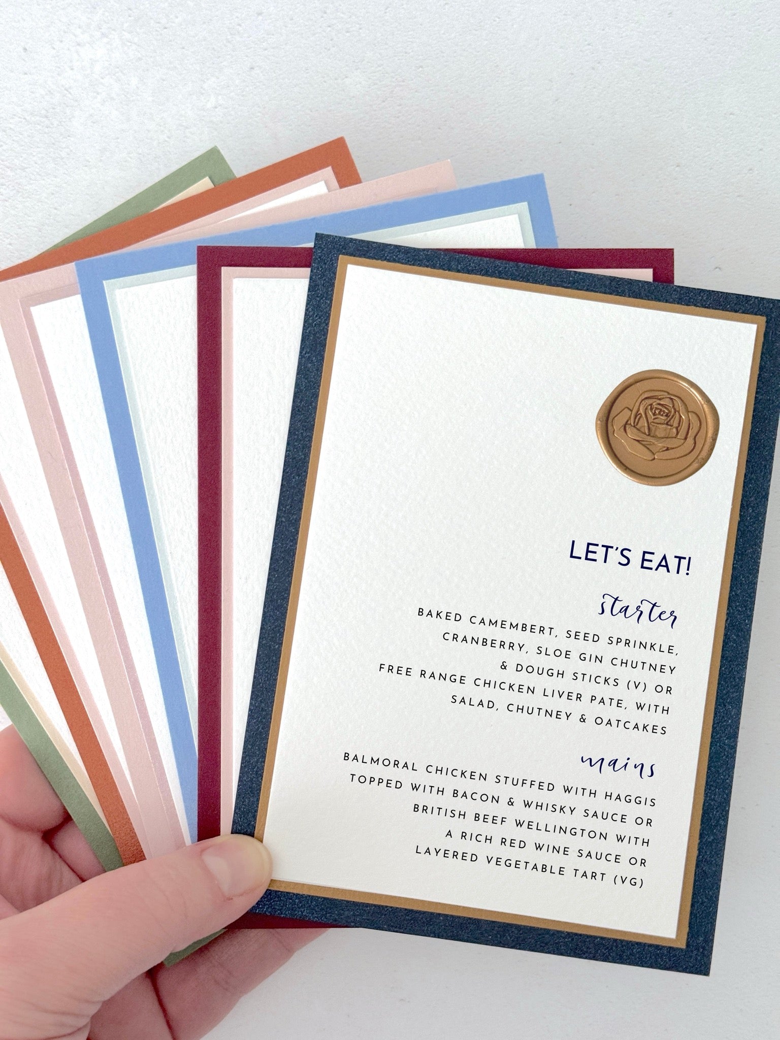 Zoe postcard modern minimalist menu in navy and gold with wax seal