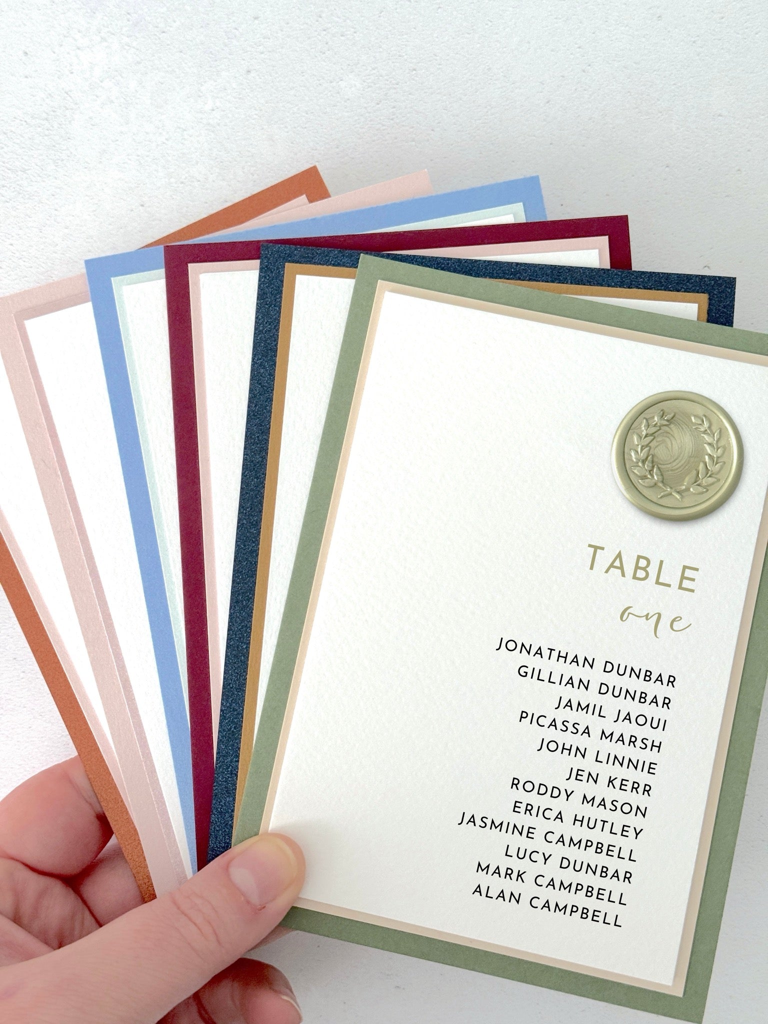 Zoe sage green wax seal table plan seating card