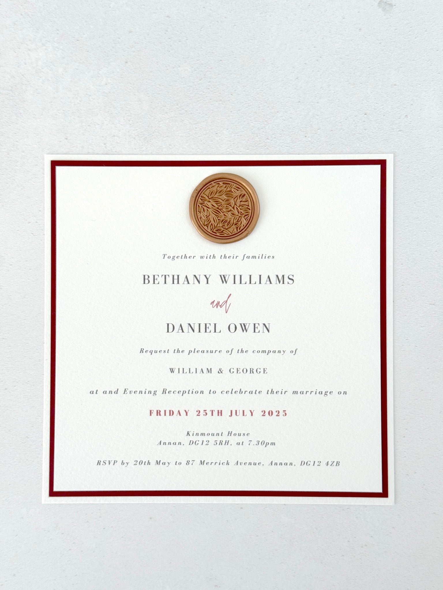 square wedding evening invite with handmade wax seal Kinmount House