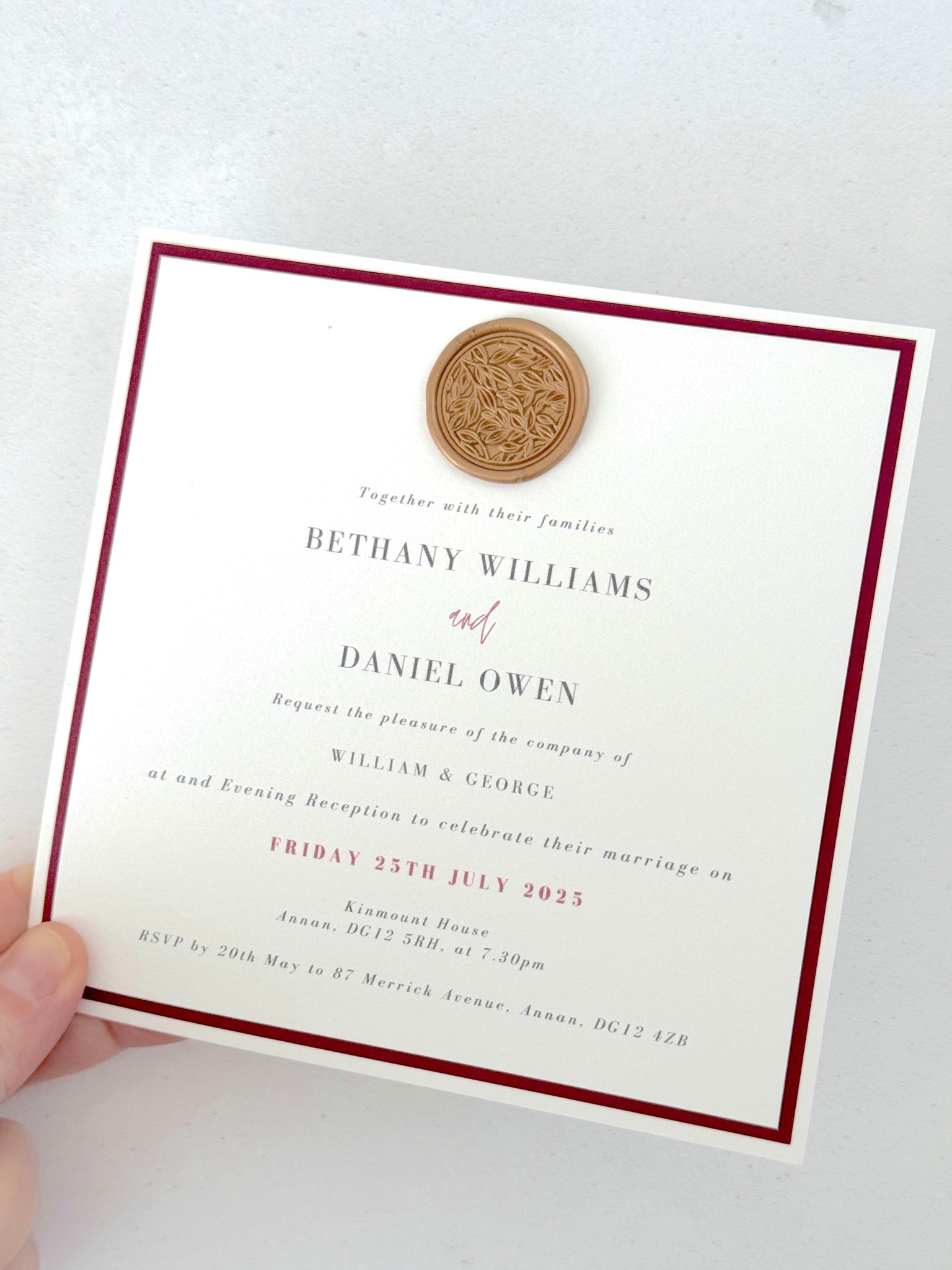 white square evening invite with wax seal