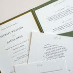 Handmade pocket wedding invite for Kinmount House with details cards for gift wish and RSVP