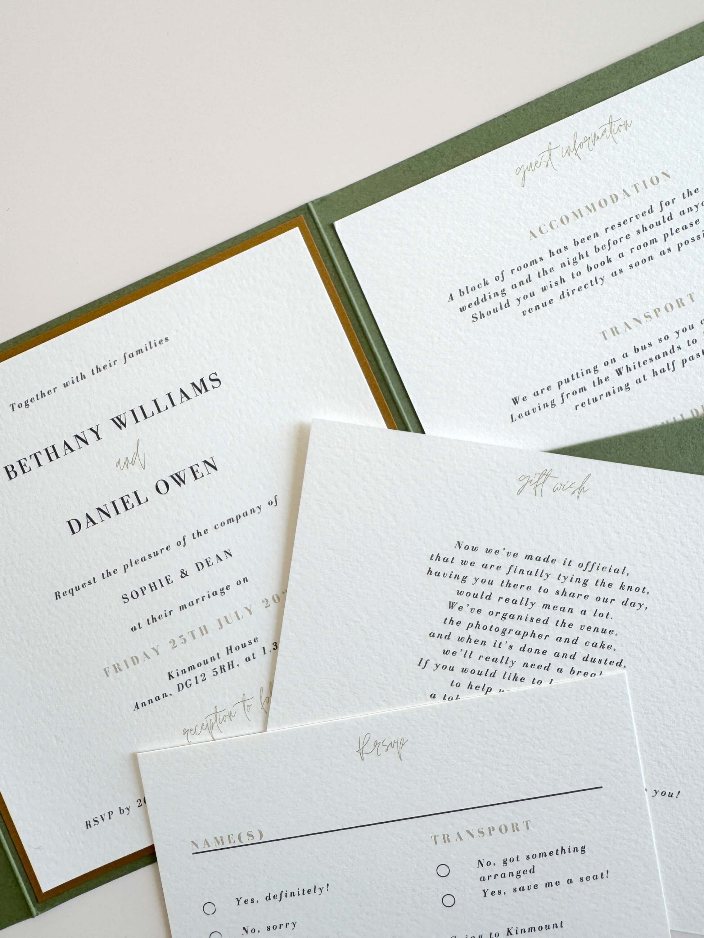 Handmade pocket wedding invite for Kinmount House with details cards for gift wish and RSVP