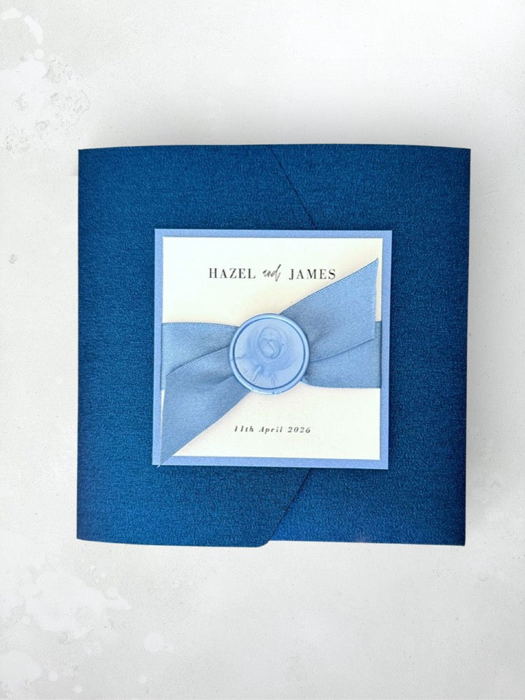 Navy and dusky blue pocketfold wedding invite with ribbon and wax seal luxury wedding stationery scotland