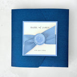 Navy and dusky blue pocketfold wedding invite with ribbon and wax seal luxury wedding stationery scotland