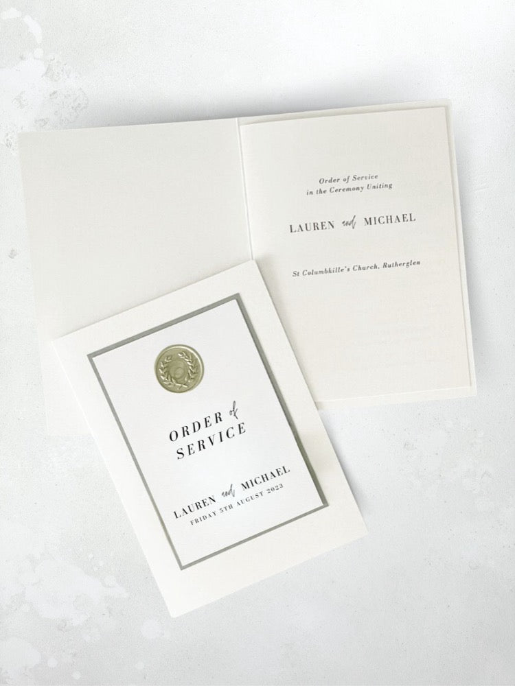 Ailsa order of the service booklet with wax seal, on the day wedding stationery