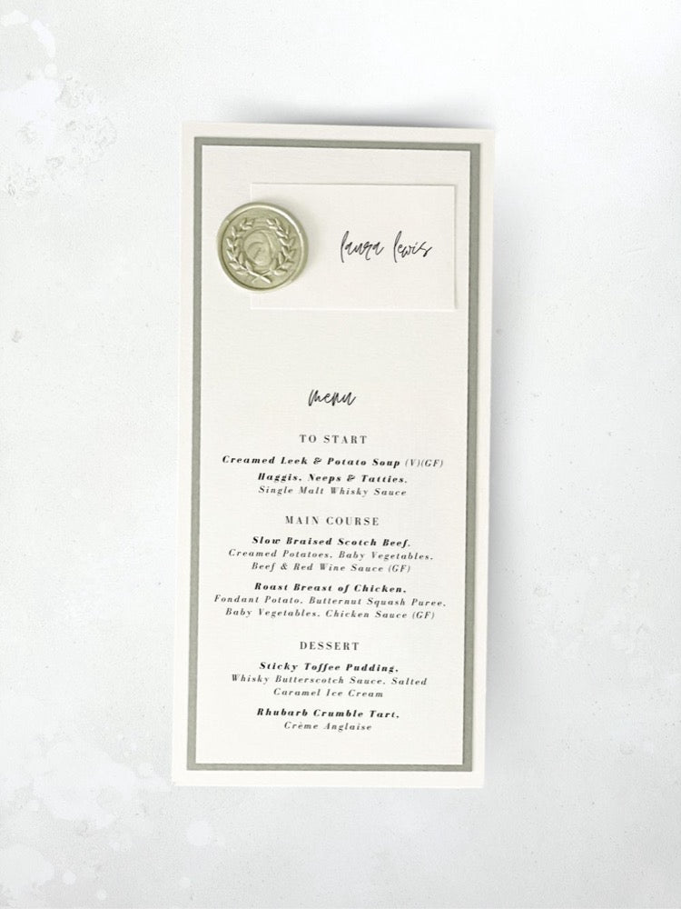 handmade sage wax seal printed individual menu place card