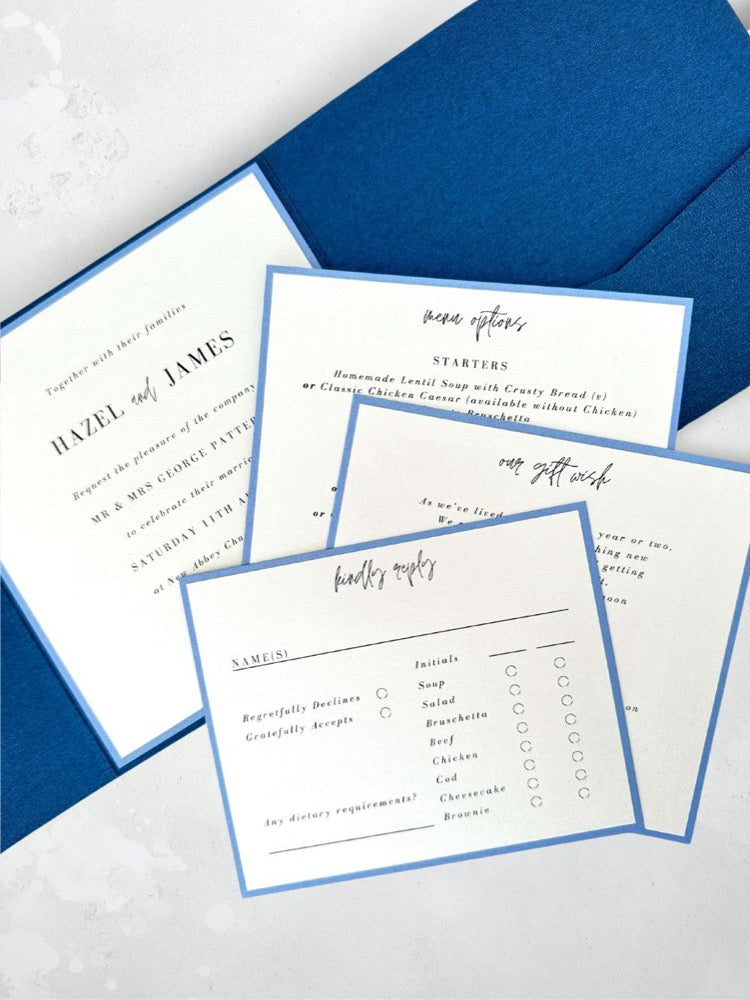 Ailsa pocketfold invite with personalised custom menu tick off rsvp options handmade by zara dumfries