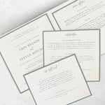 Ailsa pocketfold wedding invite with inserts for gift wish, menu, and info handmade by zara