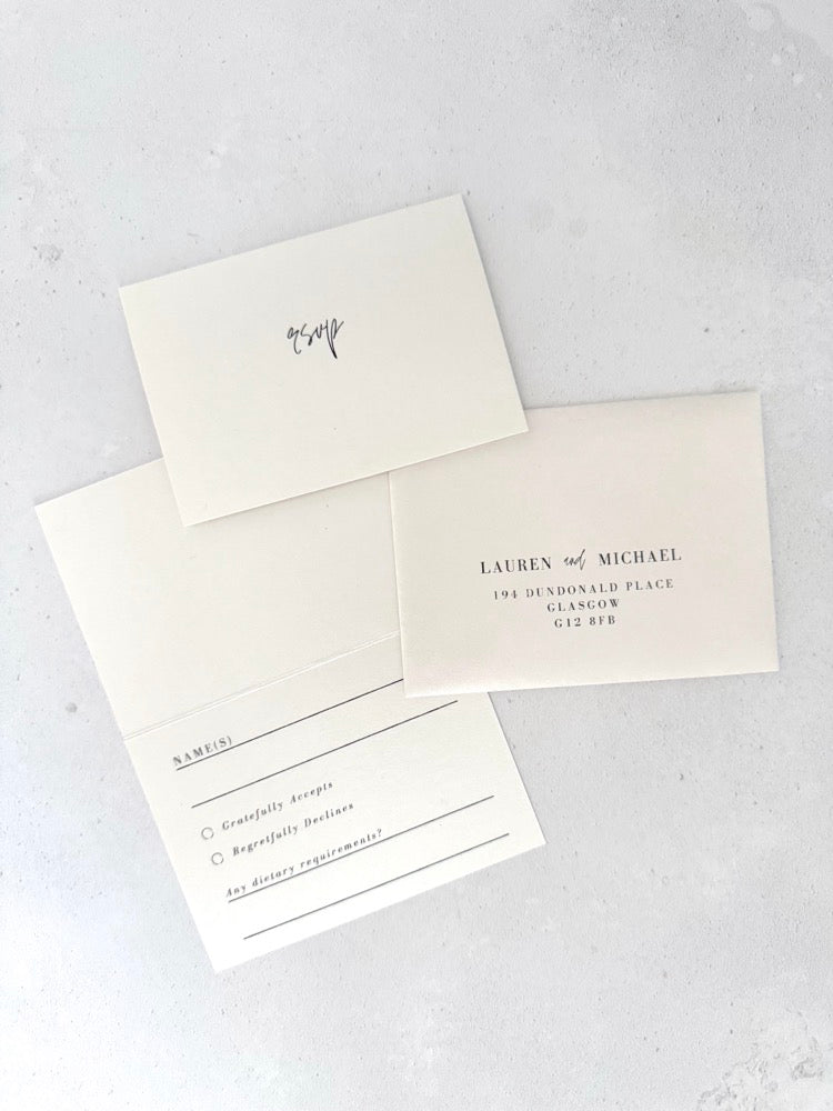 Ailsa rsvp card and mini envelope with personalised menu and bus tick off options