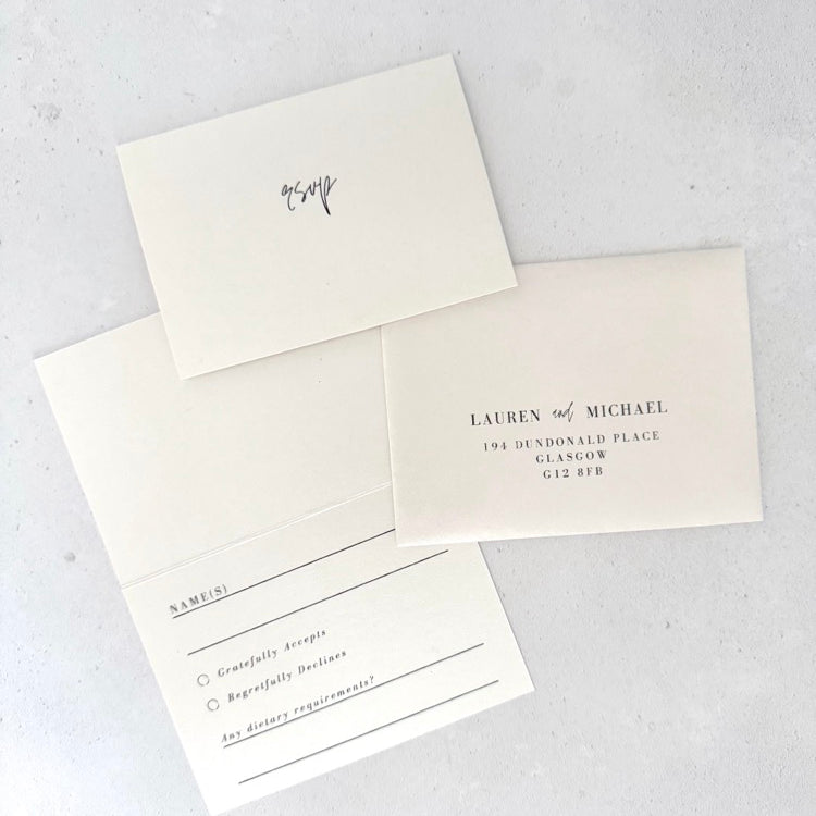 Ailsa rsvp card and mini envelope with personalised menu and bus tick off options