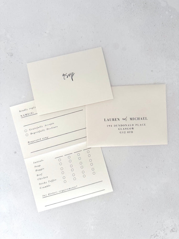 Ailsa pearlescent cream rsvp card with custom menu tick off and mini envelope