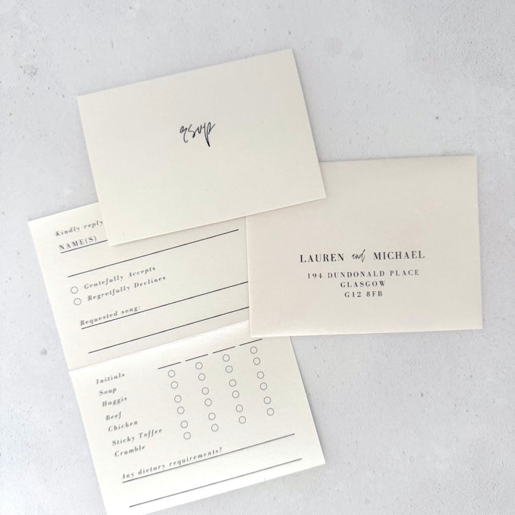 Ailsa pearlescent cream rsvp card with custom menu tick off and mini envelope