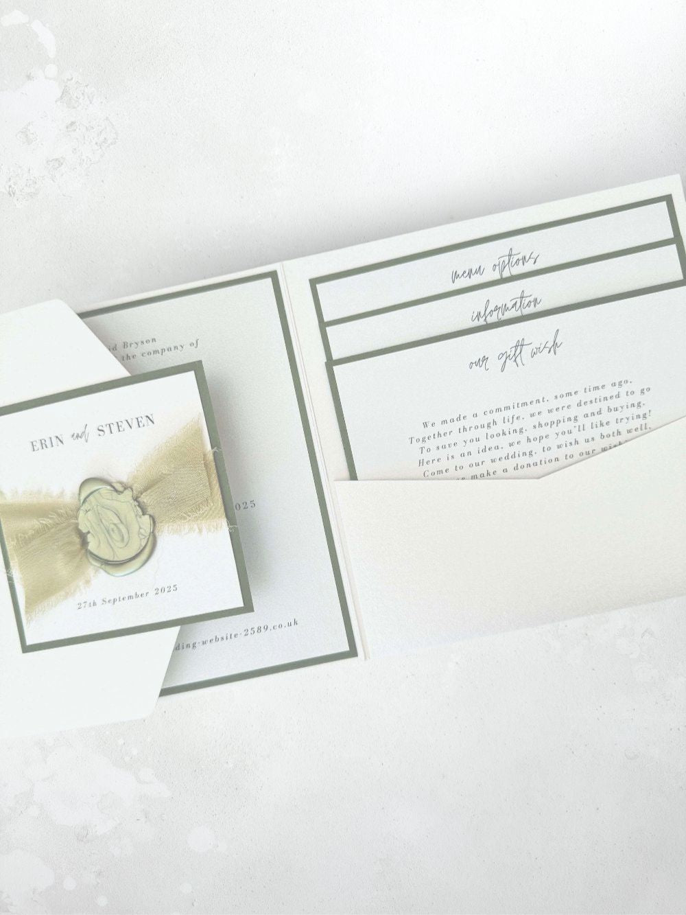 Ailsa pocketfold wedding invites with inserts sage green silk ribbon and wax seal