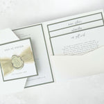 Ailsa pocketfold wedding invites with inserts sage green silk ribbon and wax seal