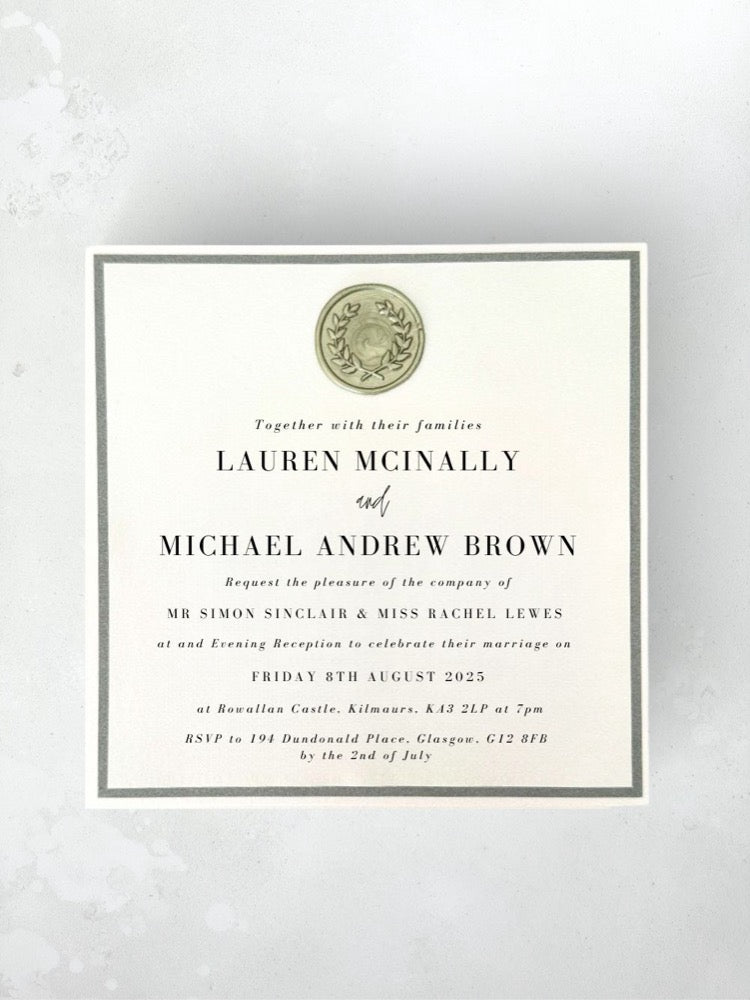 Sage green and cream square evening invite with wax seal