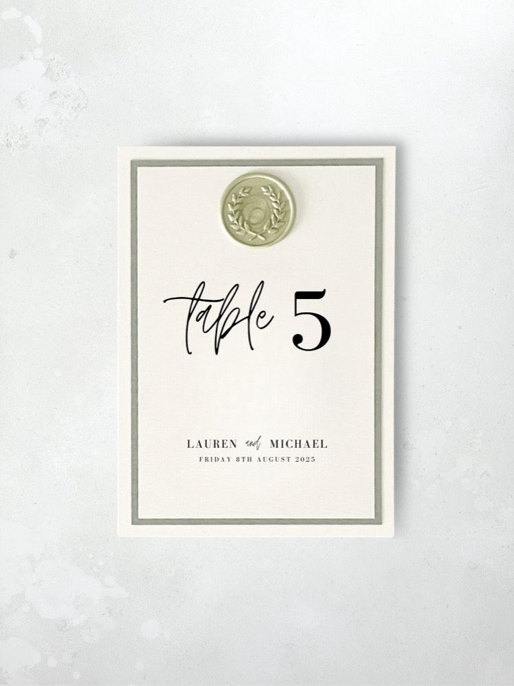 sage green wax seal personalised table number wedding day stationery dumfries