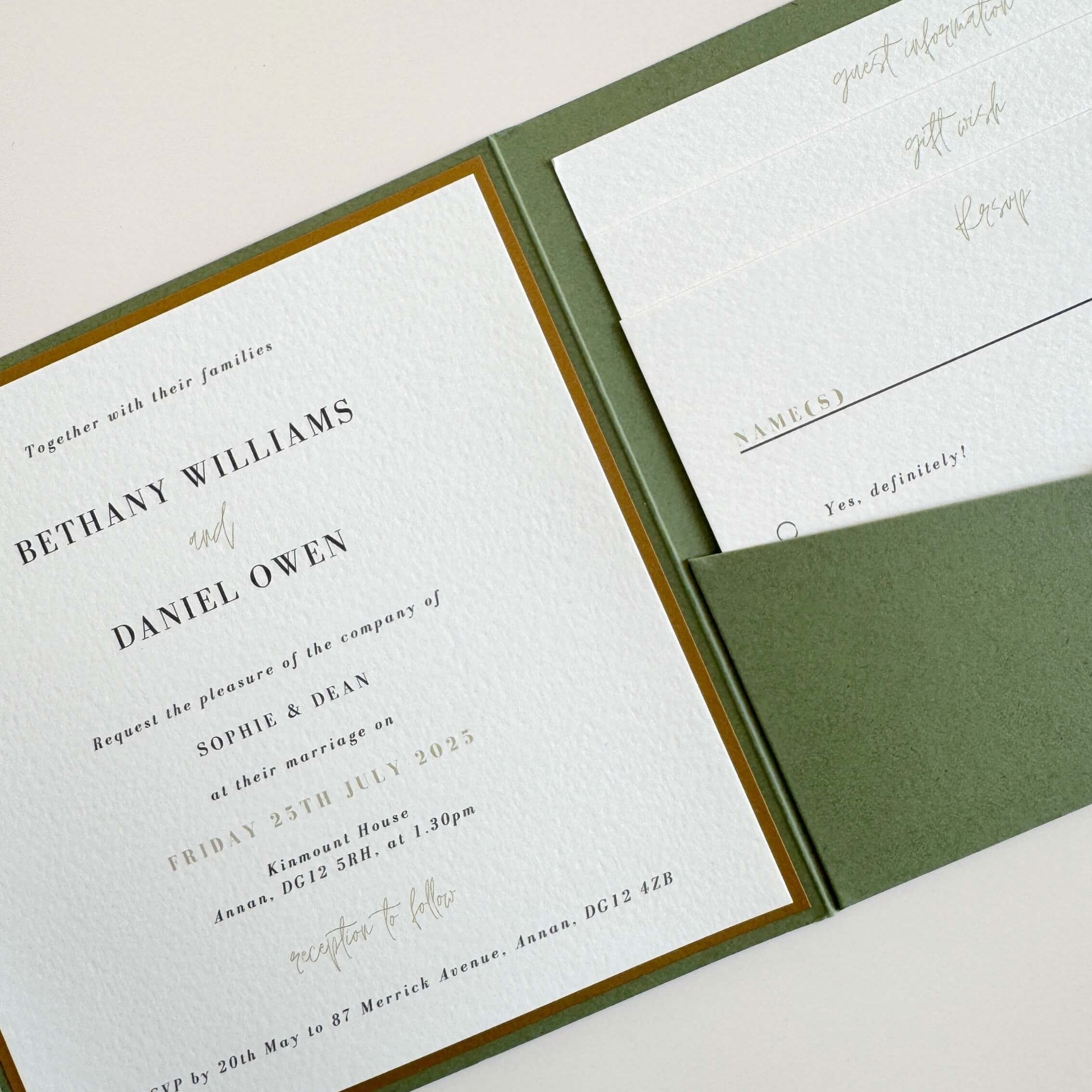 Ailsa pocketfold wedding invitation with info cards for details and RSVP in sage green