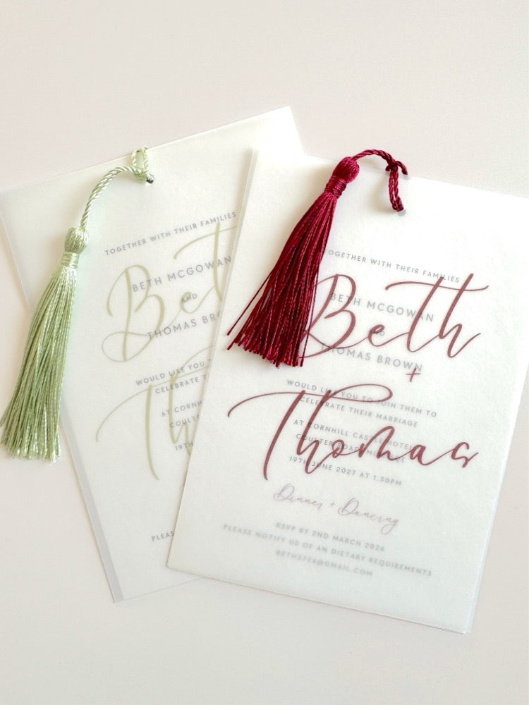 Beth vellum  wedding invitations with tassels by Handmade by Zara