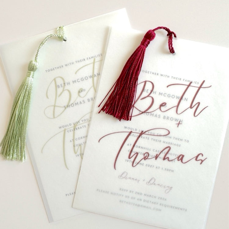 Beth vellum  wedding invitations with tassels by Handmade by Zara