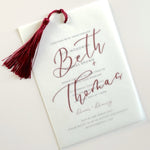 Beth vellum postcard invite with burgundy tassel