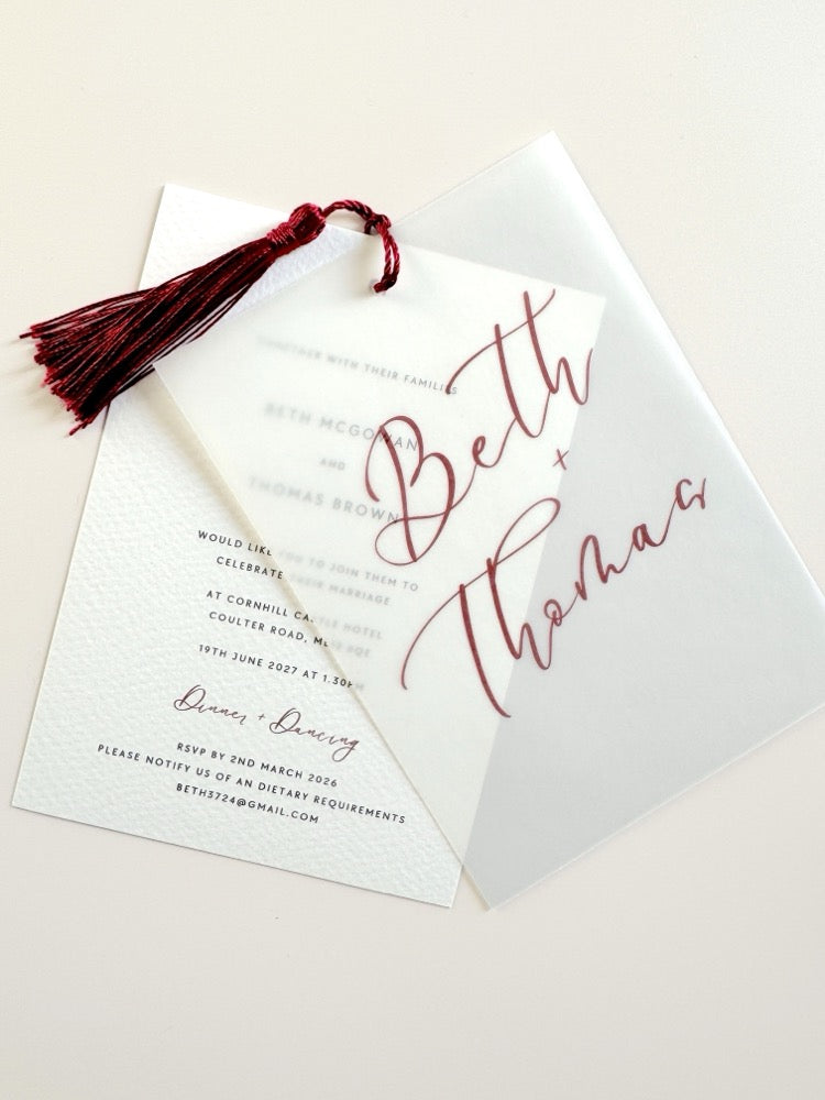 Beth vellum wedding invite with burgundy red tassel