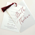 Beth vellum wedding invite with burgundy red tassel