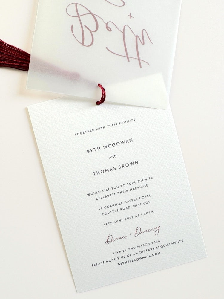 Close up image of beth wedding invite postcard