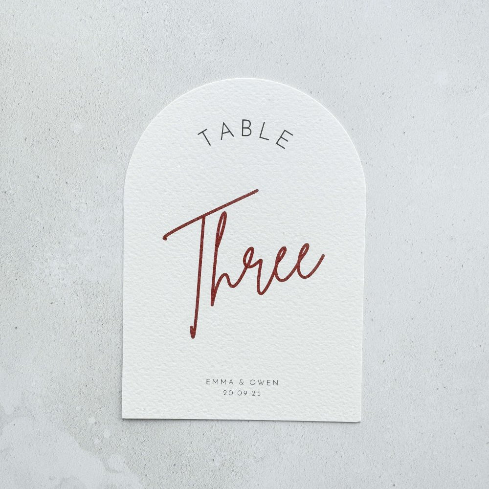 emma arched table number burgundy on the day stationery