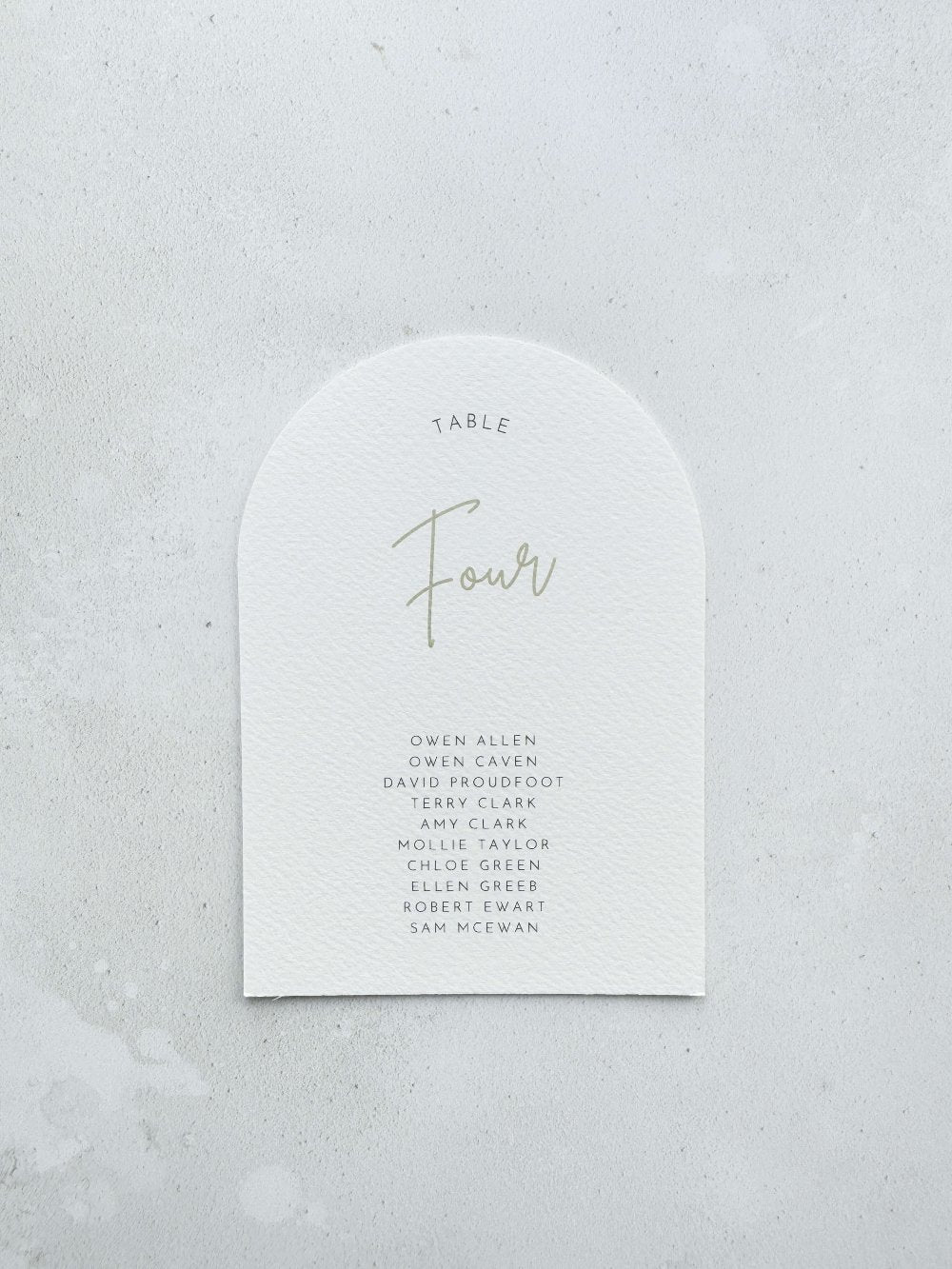 emma arched sage green personalised table plan card 