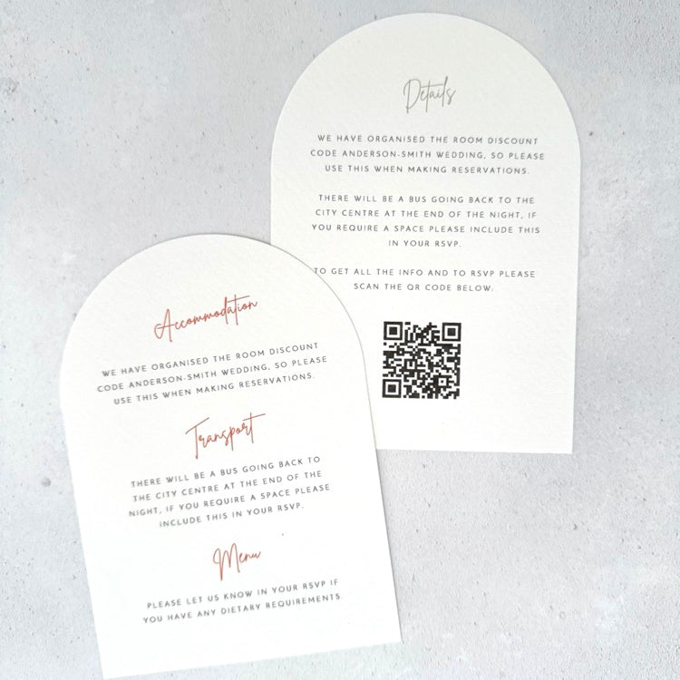 Emma details card for Wedding menu, transport & accommodation with QR code